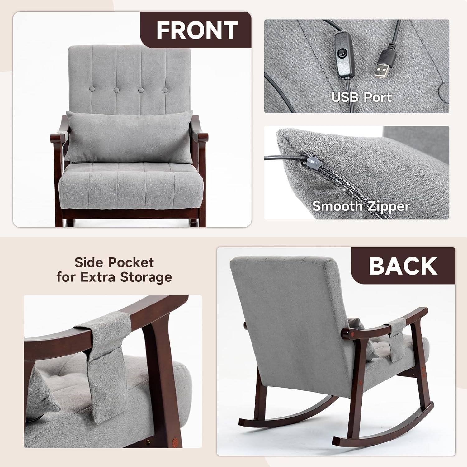 AVAWING Upholstered Rocking Chair Set of 2, Small Fabric Glider Rocker with 2-Point Massage Lumbar Pillow and Solid Wood Legs, for Bedroom and Living Room, Light Grey