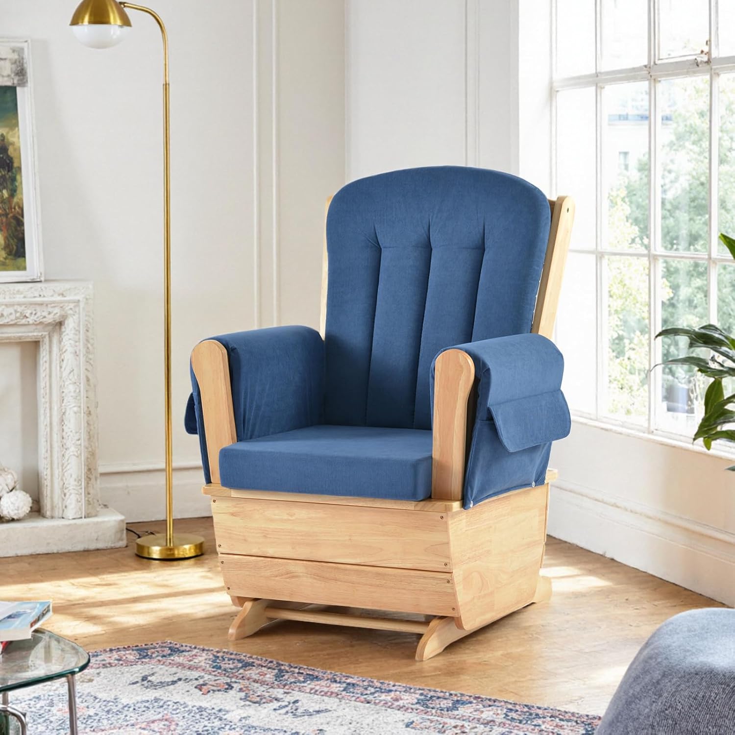 Modern Glider Rocker with Padded Cushion, Solid Wood Glider Gentle Rocking Chair, Soft Skin-Friendly Three Proof Fabric, Water Oil Resistant,Smooth Rocking Motion Indoor Living Room, Blue
