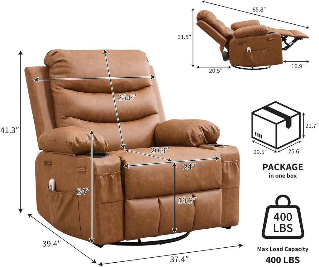 Leather Recliner Chair Nursery, Oversized Manual Reclining Rocking Chair, 360 Swivel Glider with Cup Holder, Massage and Heat Recliner, Indoor Small Single Sofa Chairs for Adults, RV, Bedroom, Brown