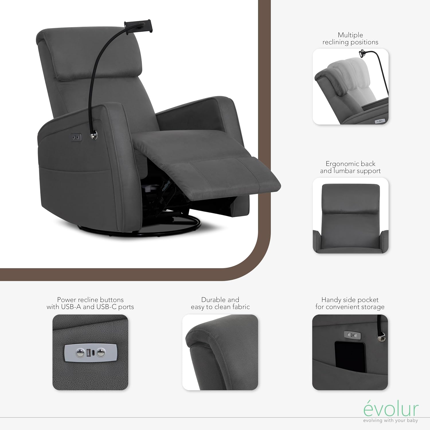Evolur Maverick Upholstered Power Glider Recliner with Device Holder – Swivel, Rocking & Smooth Power Recline – Greenguard Gold & FSC Certified, Modern Nursery and Living Room Chair in Tempered Grey