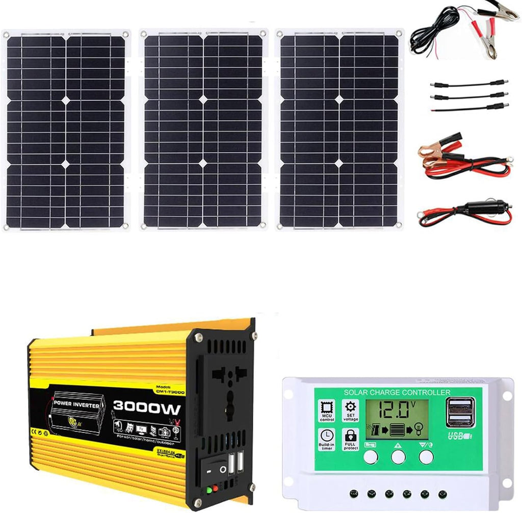 3000W Solar Kit - 12V to 110V/220V Inverter, 75W Folding Solar Panels, 50A Charge Controller, Portable Solar Generator for Home Use & Off-Grid Power Solutions