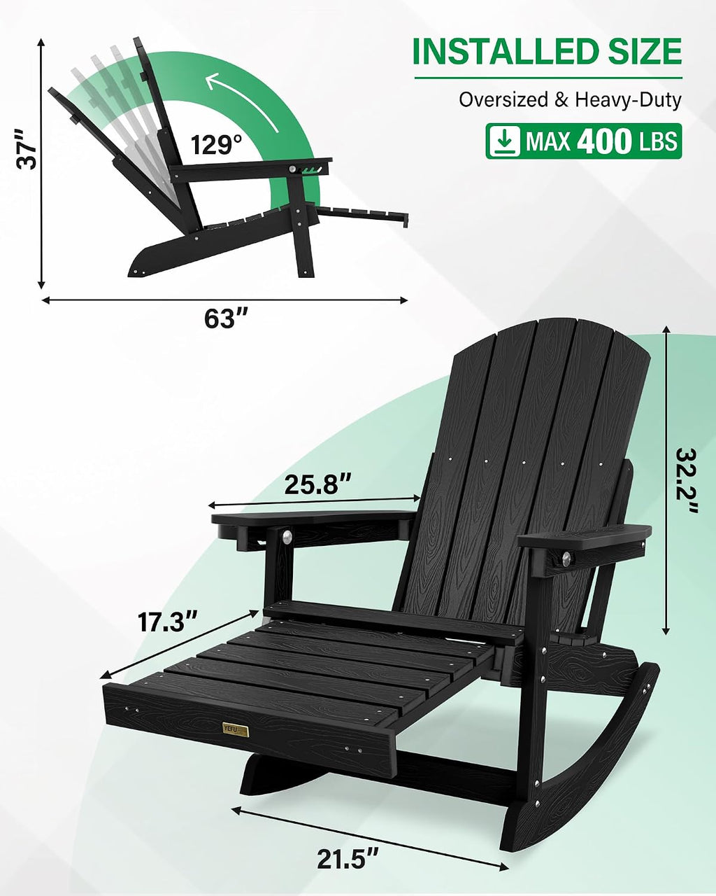 YEFU Rocking Chairs Outdoor Set of 4, Adirondack Chairs with Retractable Ottoman, Adjustable Adirondack Rocking Chair,Rockings Chair Outside,Weather Resistant,for Patio,Porch,Lawn,Heavy Duty,Black