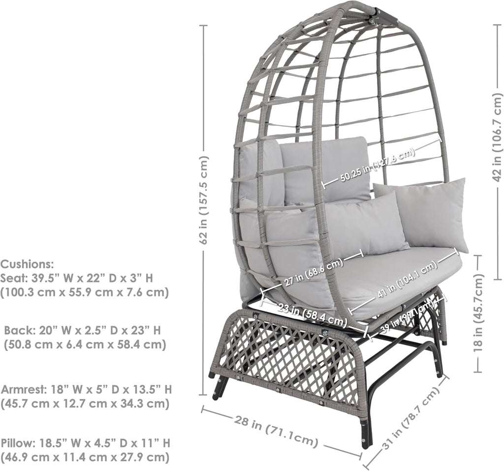 Sunnydaze Double Outdoor Egg Chair with Legs - 2-Seat Glider Rocking Egg Chair with Cushions and Pillows - Gray