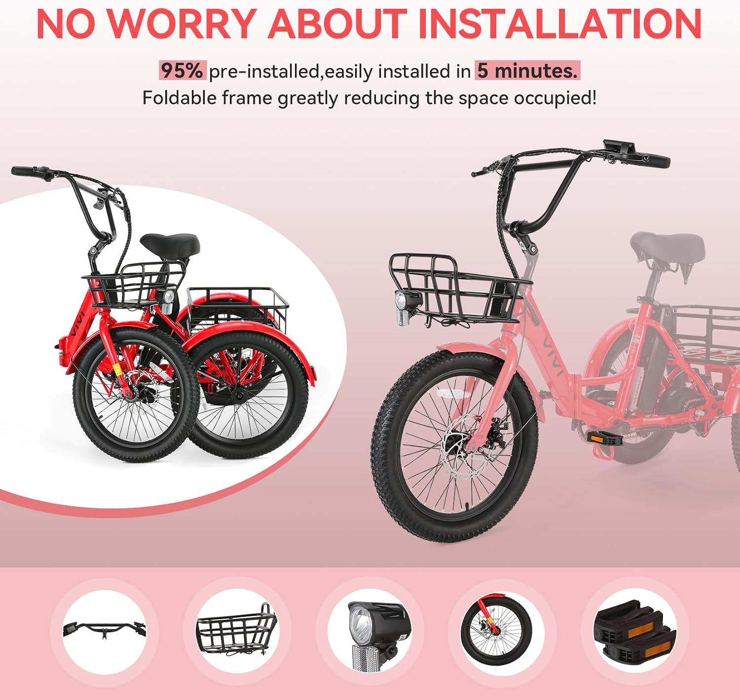 Vivi 750W Peak 20'' Folding 3 Wheels Electric Bicycle Bikes, 48V 10.4Ah Removable Battery Electric Tricycle for Adults, Speed Differential, 15.5MPH Eletric Trike with Bracket