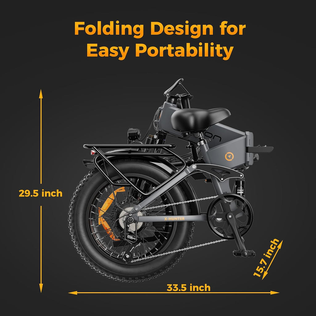 Jasion X-Hunter Electric Bike for Adults,1400W Peak Motor 30MPH Max Speed,48V 13AH Removable Battery,20 * 4.0 Fat Tire Foldable Ebike,7-Speed Bicycles, with Saddle Bag and Phone Mount