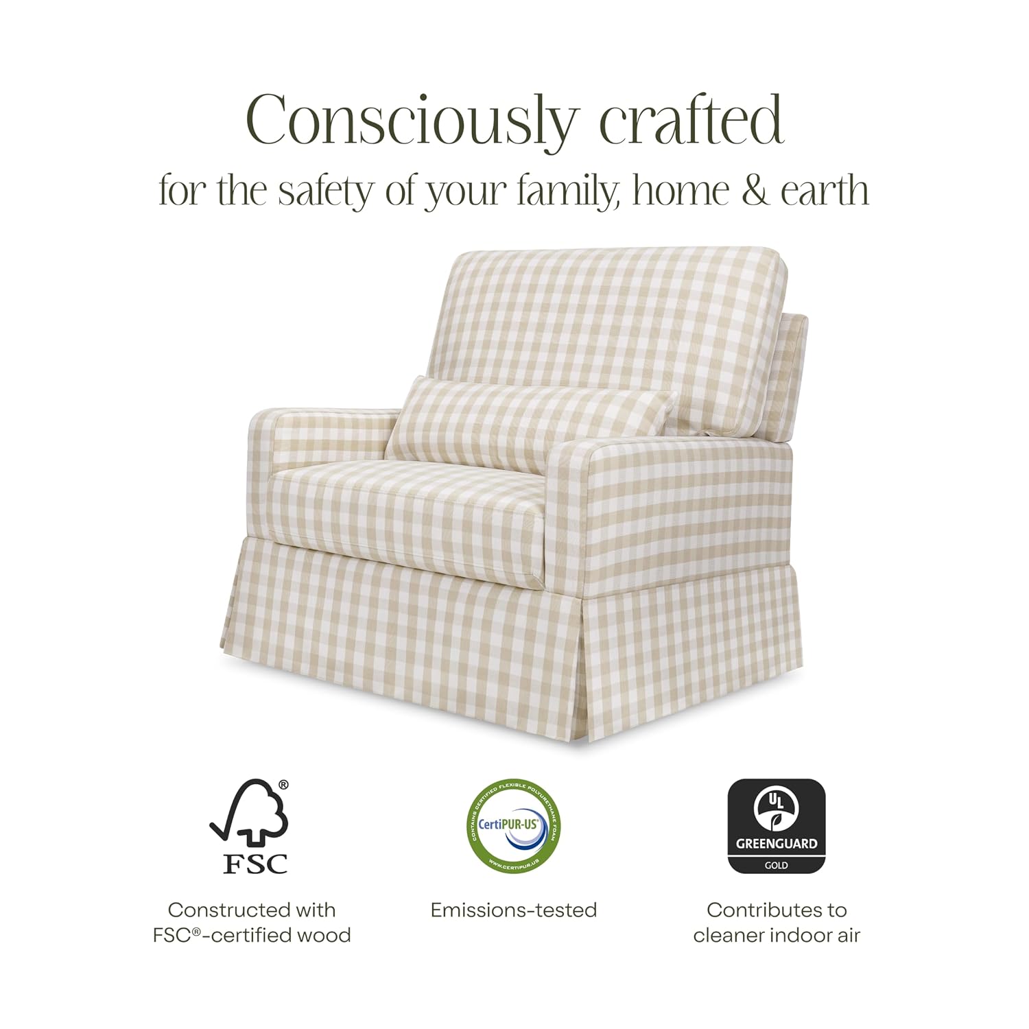 Namesake Crawford Pillowback Chair and a Half Comfort Swivel Glider in Tan Gingham, Greenguard Gold & CertiPUR-US Certified