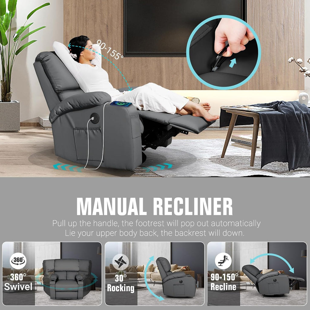 LEVELEVE Rocking Recliner Chair, Massage Rocker Recliner Chair with Vibration Massage and Heat, USB and Type-C Ports,360° Swivel Faux Leather Chairs, Living Room, Bedroom, Nursery, RV, Dark Grey