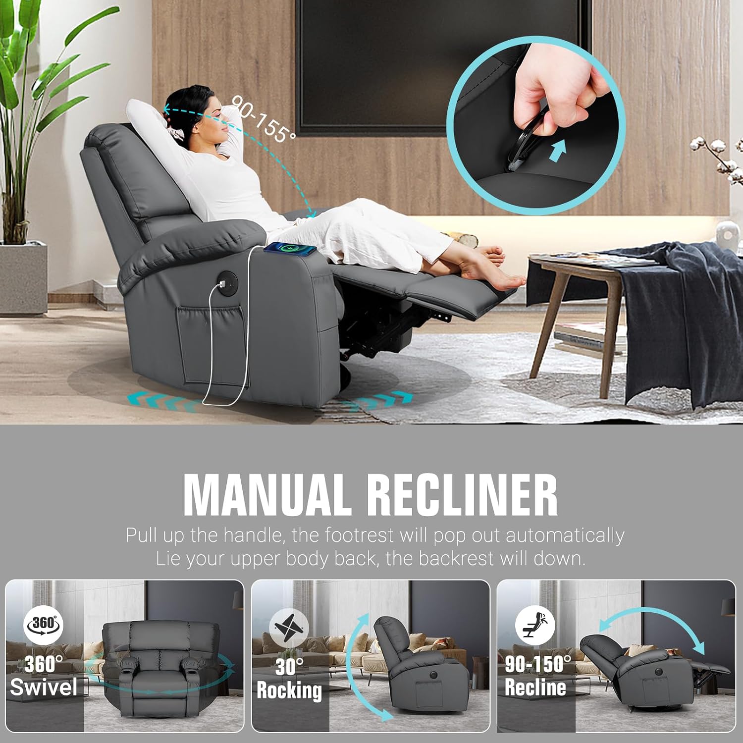 LEVELEVE Rocking Recliner Chair, Massage Rocker Recliner Chair with Vibration Massage and Heat, USB and Type-C Ports,360° Swivel Faux Leather Chairs, Living Room, Bedroom, Nursery, RV, Dark Grey