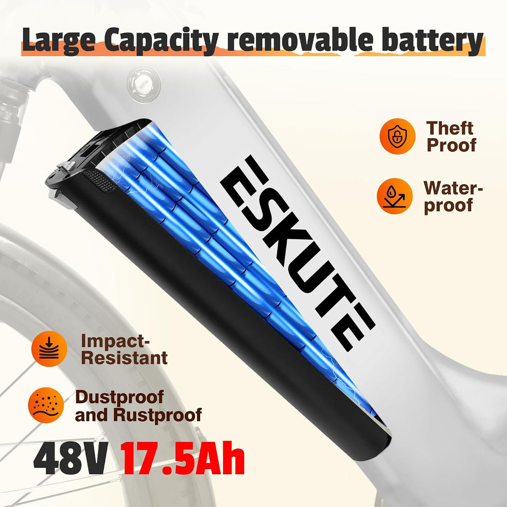 ESKUTE Electric Bike for Adults-1300w Peak Ebike, 28MPH Step Thru Electric Bicycle，70Miles 840 WH Removable Battery e-Bike, 7-Speed 26'' tire, Adjustable Stem,