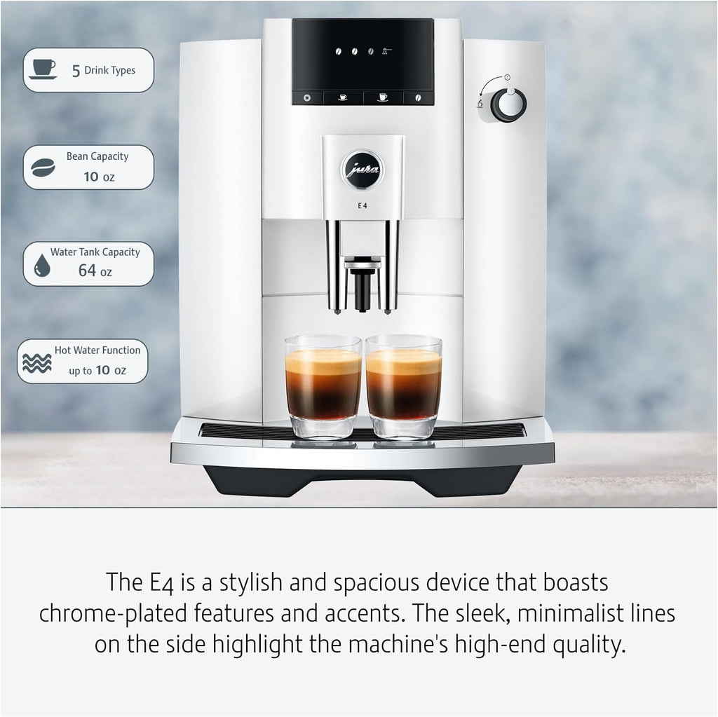 Jura E4 Automatic Coffee Machine (Piano White) with CLEARYL Smart+ Water Filtration, 6 Cleaning Tablets and East Coast Blend Whole Bean Coffee (4 Items)