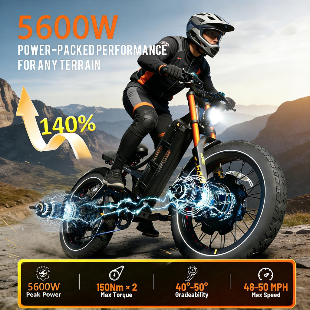2026 eAhora Romeo Dual-Motor Ebike - 50Mph 5600W 60-80AH 250Miles Long Range Electric Bike for Adults, Full Suspension Hydraulic Brakes Electric Bicycle, 26' Mountain Bike for Off-Road Commuting