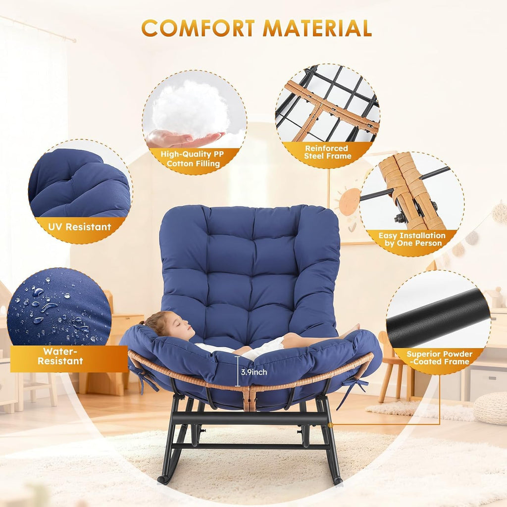 Takywep Rocking Chair - Oversized Outdoor Rocking Chairs with Footrest, Indoor Papasan Rocker Egg Chair for Bedroom, Living Room, Porch, Garden, Lawn (Royal Blue-Polyester)