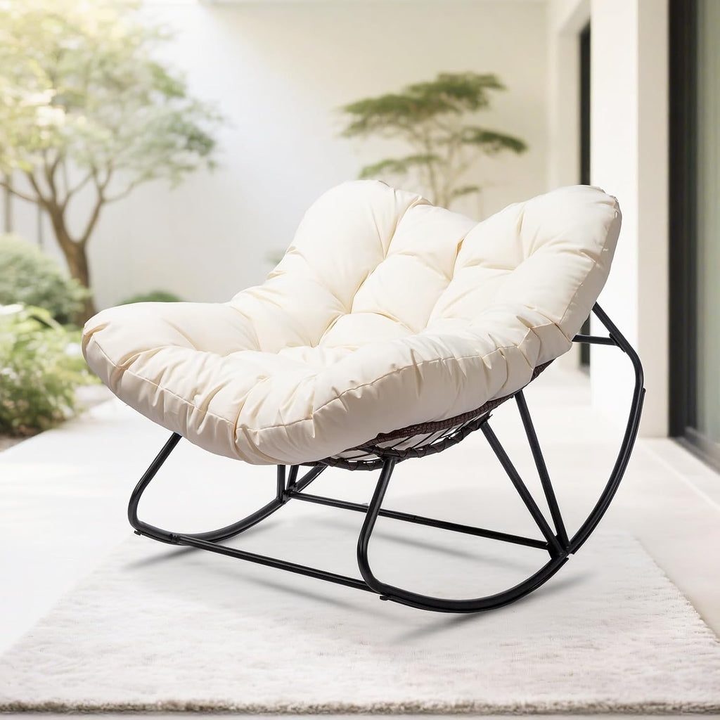 VINGLI Papasan Rocking Chair, Iron Frame Wicker Patio Chair with Thick Cushion, Indoor Outdoor Rocker for Bedroom, Porch, Garden, Beige