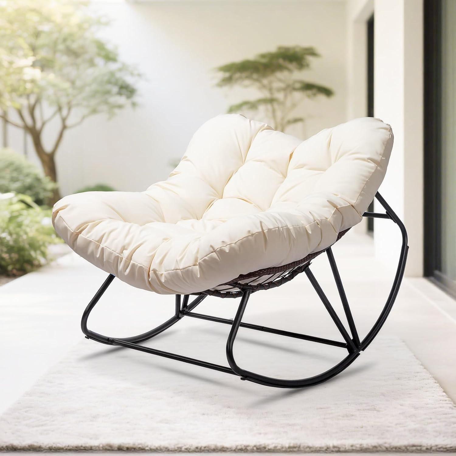 VINGLI Papasan Rocking Chair, Iron Frame Wicker Patio Chair with Thick Cushion, Indoor Outdoor Rocker for Bedroom, Porch, Garden, Beige