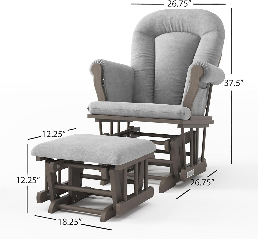 Child Craft Cozy Glider Rocker and Ottoman Set, Smooth Quiet Gliding Motion, Padded Cushion with Convenient Storage Pockets, Solid Wood Base & Frame (Dapper Gray with Light Gray Cushion)