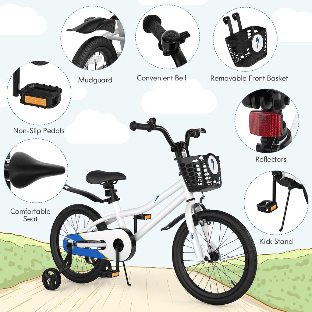 COSTWAY Kids Bike, 12 14 16 18 20 Inch Toddler Bike for Boys & Girls Aged 3-8 Years Old, Kids Bicycle w/Removable Training Wheels, Handbrake & Coaster Brake, Basket, Bell