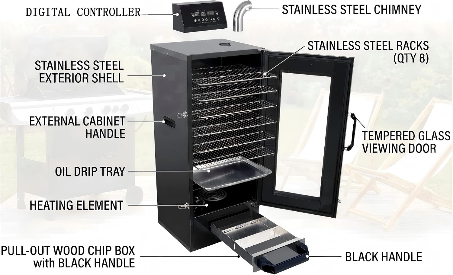 CLIVIA 8-Layer Electric Smoker with View Window, 1600W Vertical Digital BBQ Smoker, Front Loading Wood Chip Tray, 0-24H Timer & 86-257°F Temp Control, Meat Smoker for Jerky, Sausage, Fish (DSH-S45D)