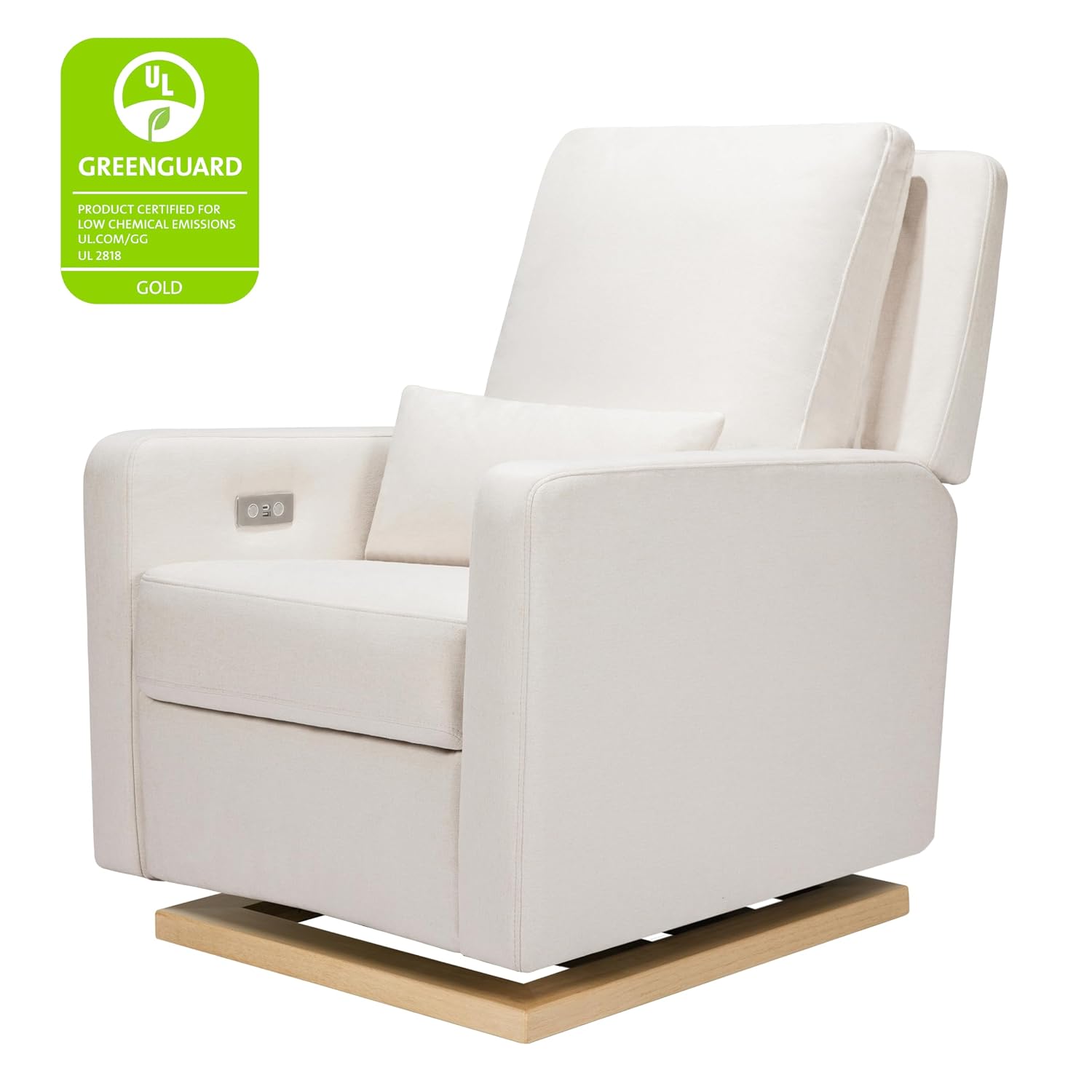 Babyletto Sigi Electronic Power Recliner & Swivel Glider with USB Port in Performance Cream Eco-Weave with Light Wood Base, Water Repellent & Stain Resistant, Greenguard Gold and CertiPUR-US Certified