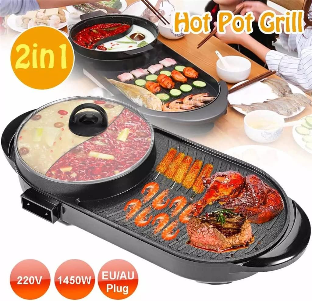 2 in 1 2000W Electric Grill Hot Pot Barbecue Multifunction Buffet Hot Pot BBQ Griddle for Gatherings Party (Black 22.8 * 12 inches) (Black 22.8 * 12 inches)