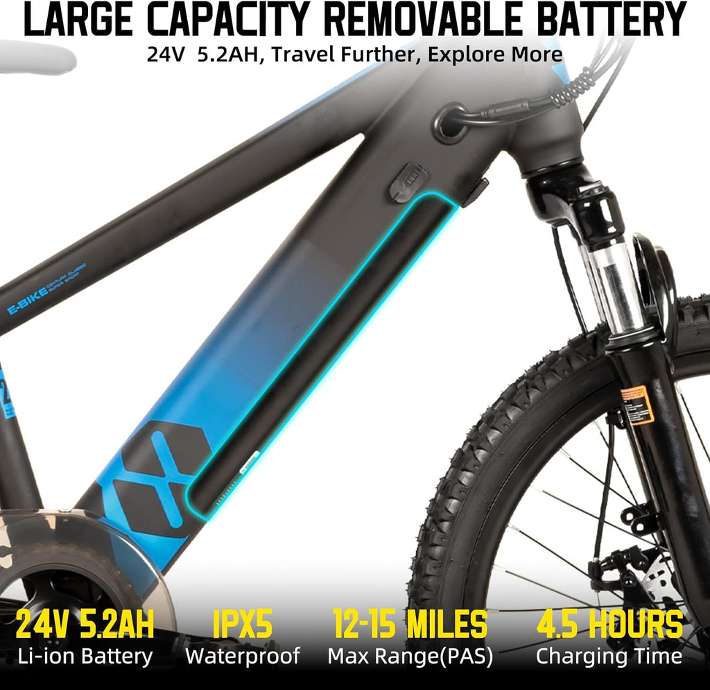 JOYSTAR 20 26 Inch Electric Bike for Kids Teens Ages 6+ with 250W/500W Brushless Motor, Electric Mountain Bicycle with Removable Battery, Safe Children Ebikes with Dual Disc Brakes