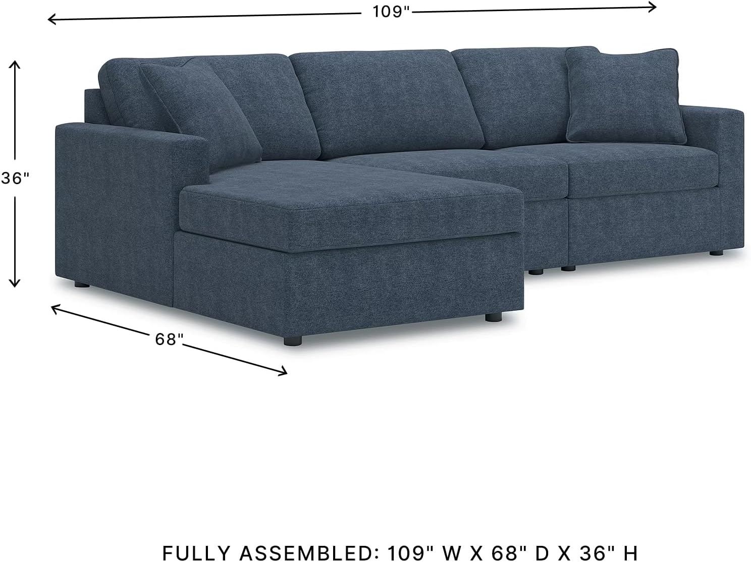 Signature Design by Ashley Modmax Contemporary L-Shaped Left-Arm Facing Modular Stain Resistant 3-Piece Sectional with Chaise, Reversible Cushions and 2 Accent Pillows, Blue