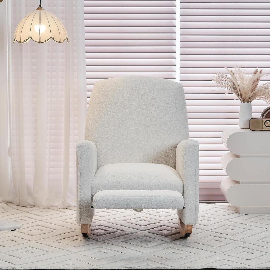 Rocking Chair Nursery with Foot Rest, Teddy Nursing Rocking Chair with High Backrest, Glider Rocker Chair for Living Room, Bedroom, Nursery(Teddy Ivory)