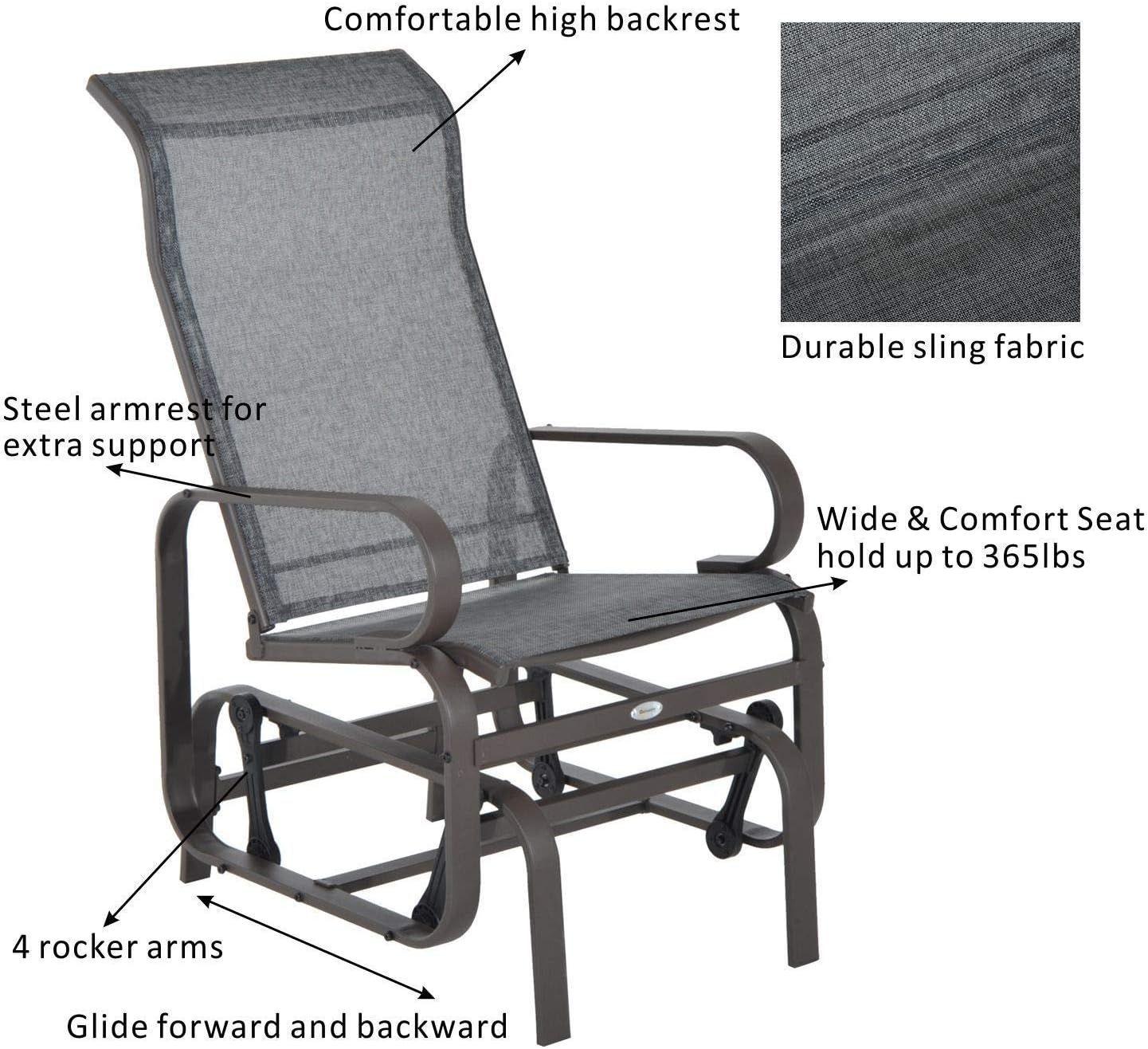 Outsunny Set of 2 Outdoor Patio Glider Rocking Chair Fabric Metal Mesh - Brown