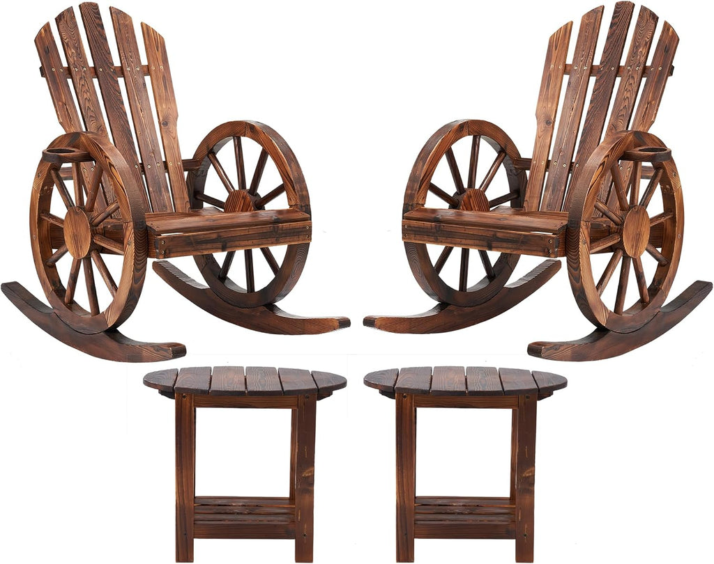 AHB Outdoor Wooden Rocking Chairs Set, Wagon Wheel Armrest Yard Glider Patio Chair with Small Table for Coffee Break, Adirondack Rocking Chair for Summer Lawn Garden Balcony, Brown (4 PCS)