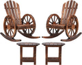 AHB Outdoor Wooden Rocking Chairs Set, Wagon Wheel Armrest Yard Glider Patio Chair with Small Table for Coffee Break, Adirondack Rocking Chair for Summer Lawn Garden Balcony, Brown (4 PCS)