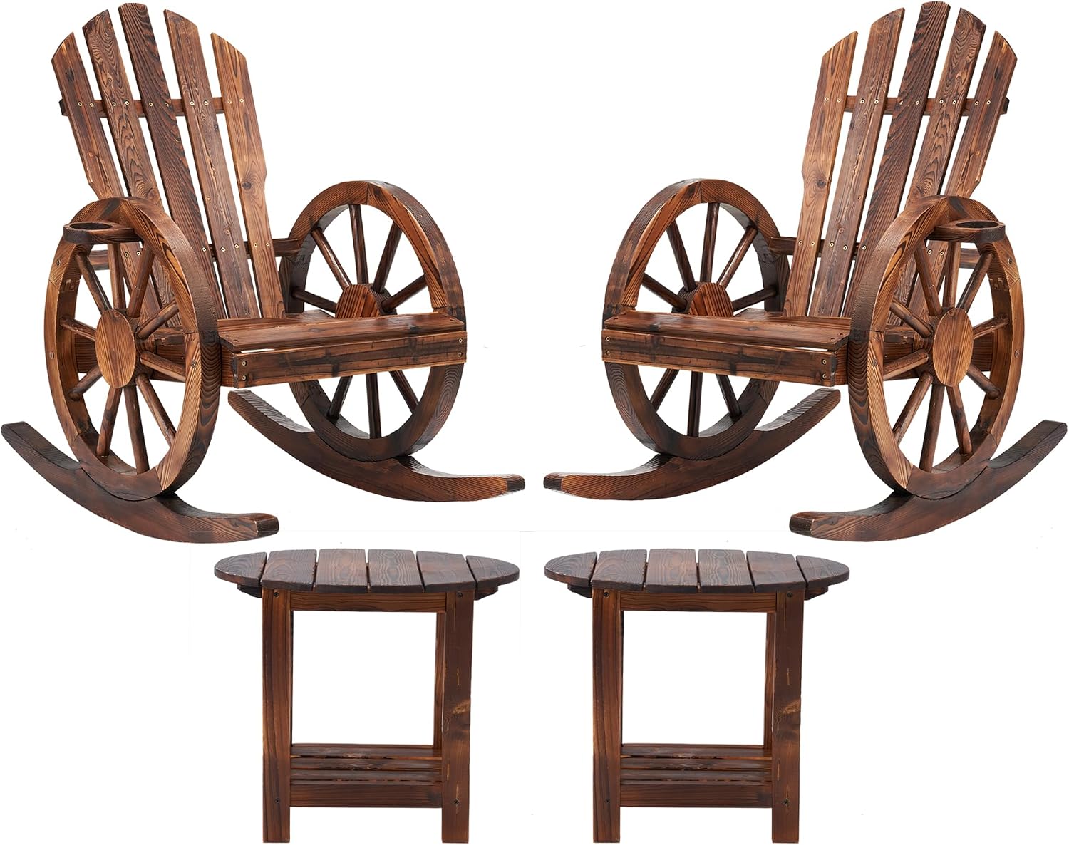 AHB Outdoor Wooden Rocking Chairs Set, Wagon Wheel Armrest Yard Glider Patio Chair with Small Table for Coffee Break, Adirondack Rocking Chair for Summer Lawn Garden Balcony, Brown (4 PCS)