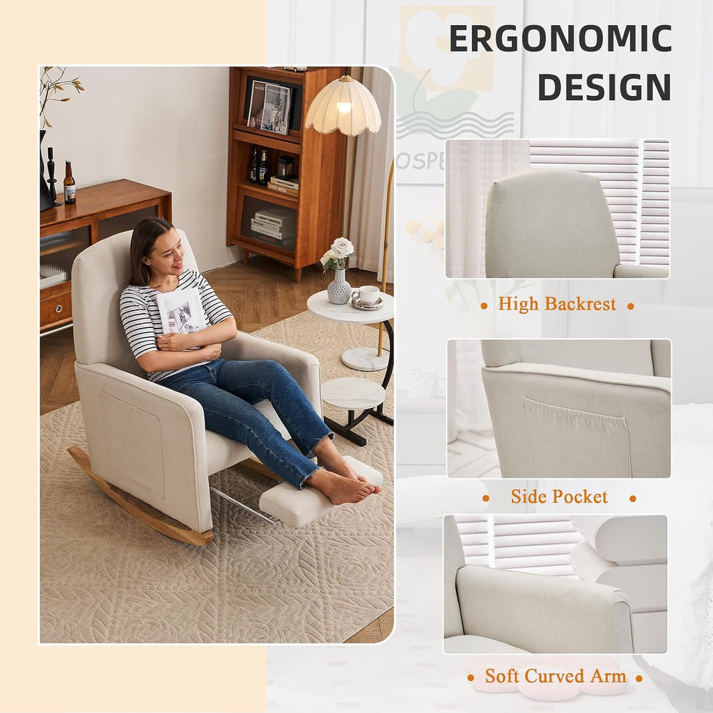 Rocking Chair Nursery with Foot Rest, Nursing Rocking Chair with High Backrest, Glider Rocker Chair for Living Room, Bedroom, Nursery(Cotton Linen Beige)