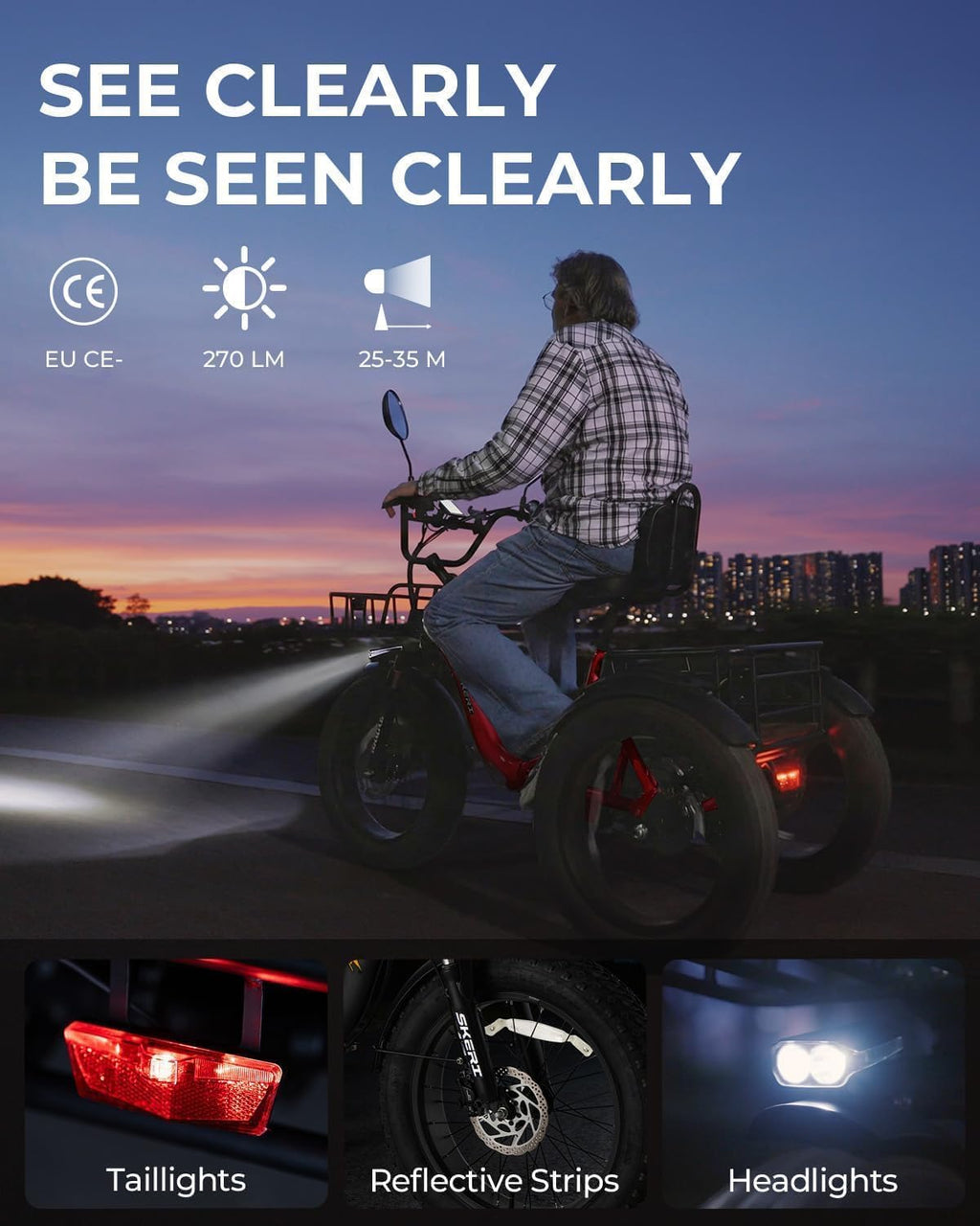 Skeri Electric Tricycle for Adults, 750W(Peak 1350W) Motor Etrike, 20'x4' Folding Fat Tire Electric Trike, 48V13Ah Battery, 3-Wheel Electric Bike, 20MPH, Front & Rear Basket & Differential