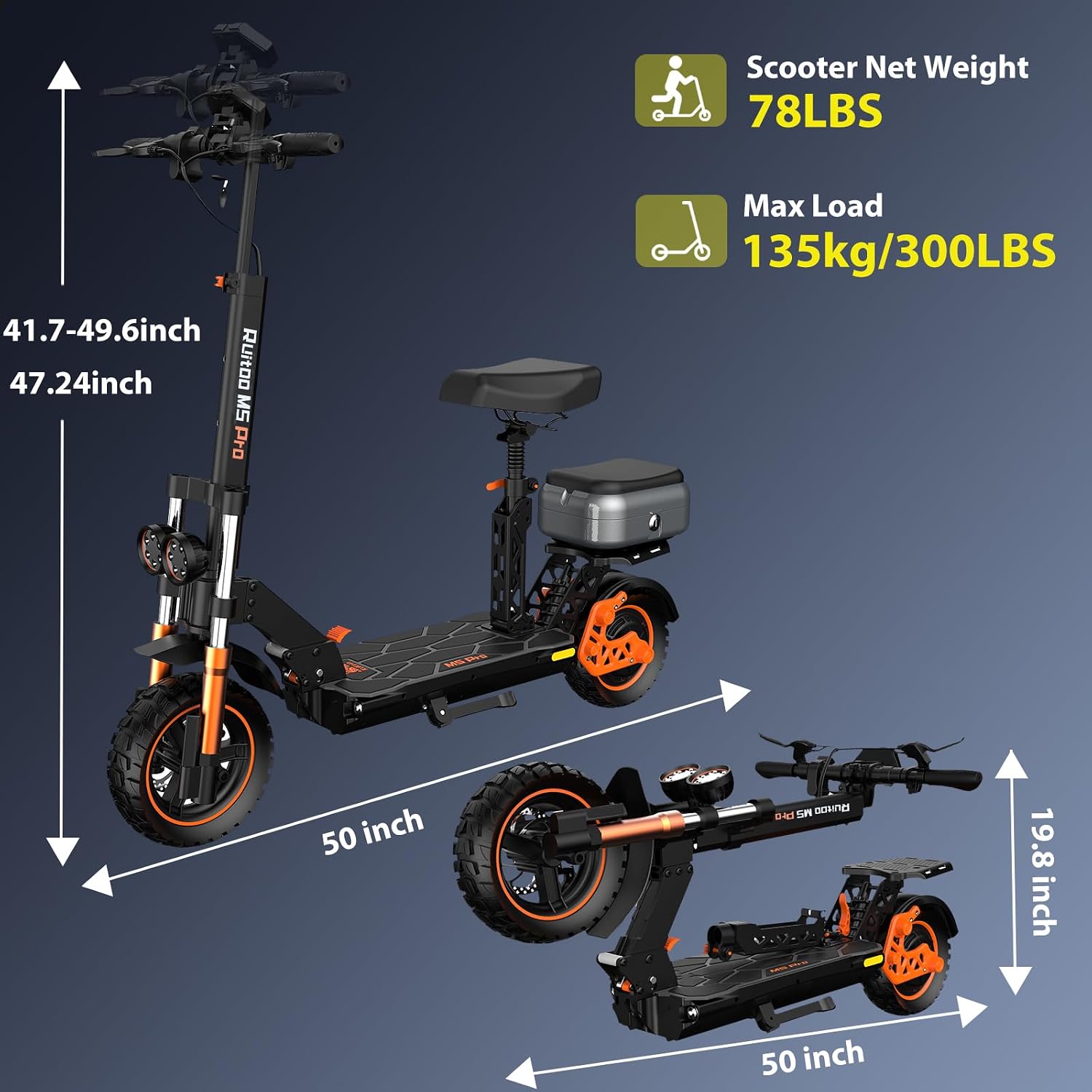 Electric Scooter Adults 1600/2000W Motor 50 Miles Long Range & 30/35 MPH Top Speed 10' Off Road Tire Folding E-Scooter 48V 20.8AH Battery Kick Scooter with Detachable Seat for Commuter Outdoor