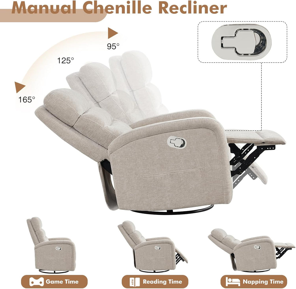 Swivel Rocker Recliner Glider Rocking Chair for Nursery, Manual Swivel Recliner Chair for Living Room, Camel Nursery Rocking Chair Recliner, Chenille Fabric