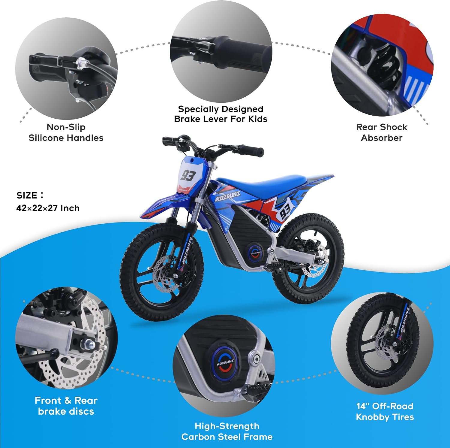AIII 36V Electric Dirt Bike for Kids 5-10, High Performance 350W Racing Grade Motorcycle, Up to 18.6MPH, 3 Speed Settings, 14-Inch Off-Road Tires, Dual Disc Brakes & Advanced Shock Absorption, Blue