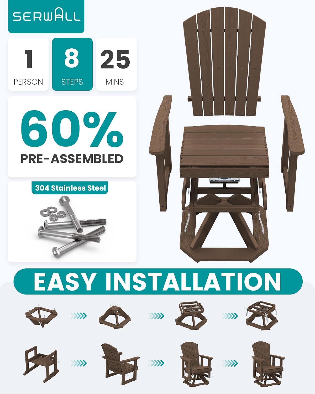 SERWALL Adirondack Swivel Glider, HDPE Glider for Outdoor, All-Weather Glider Rocking Chair for Porch, Balcony, Coffee Brown