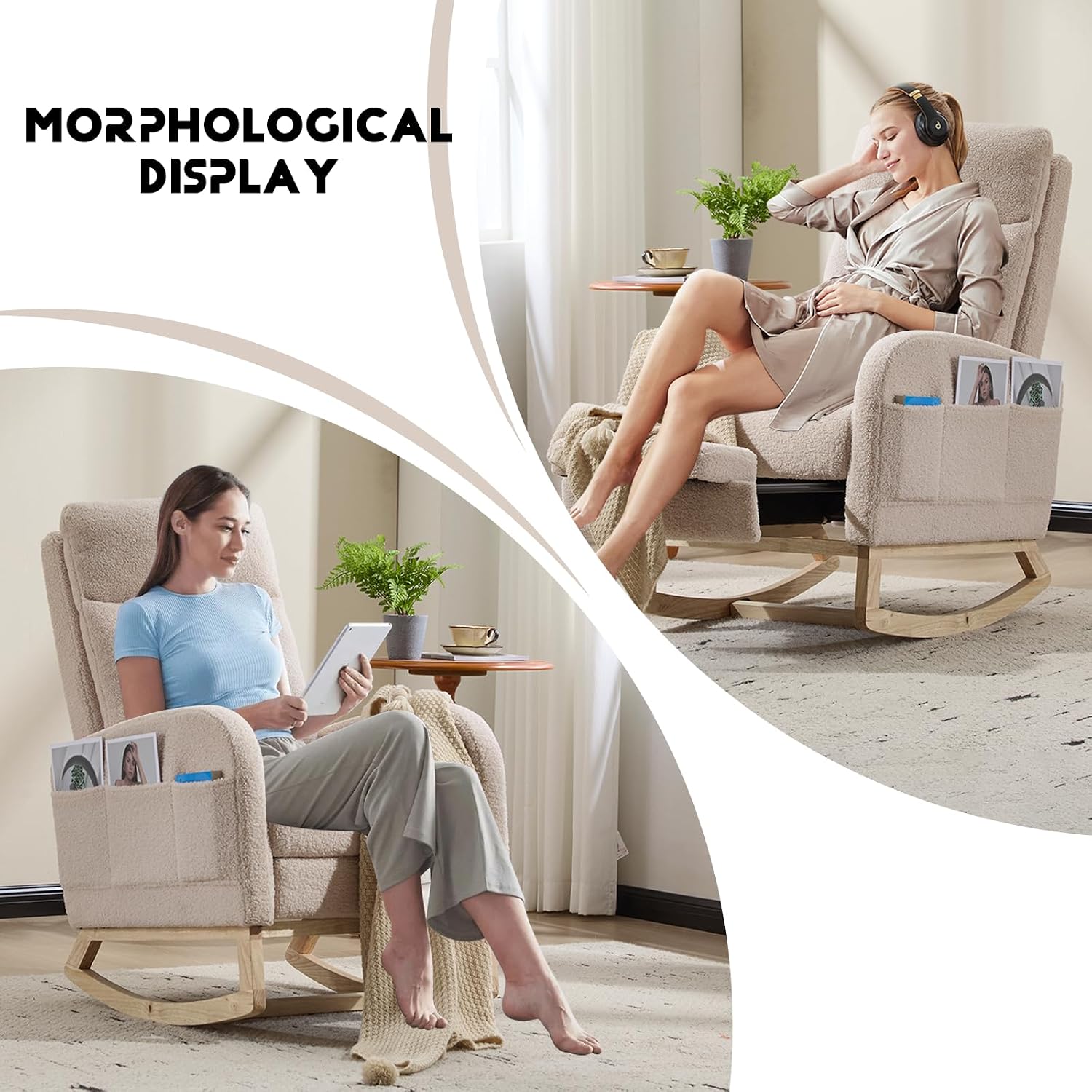 Rocking Chair Nursery with Foot Rest, Sherpa Nursing Rocking for Mom Nursery Rocker Chair with High Backrest, Armchair Rocker Glider with Side Pocket for Living Room, Bedroom, Teddy Begie