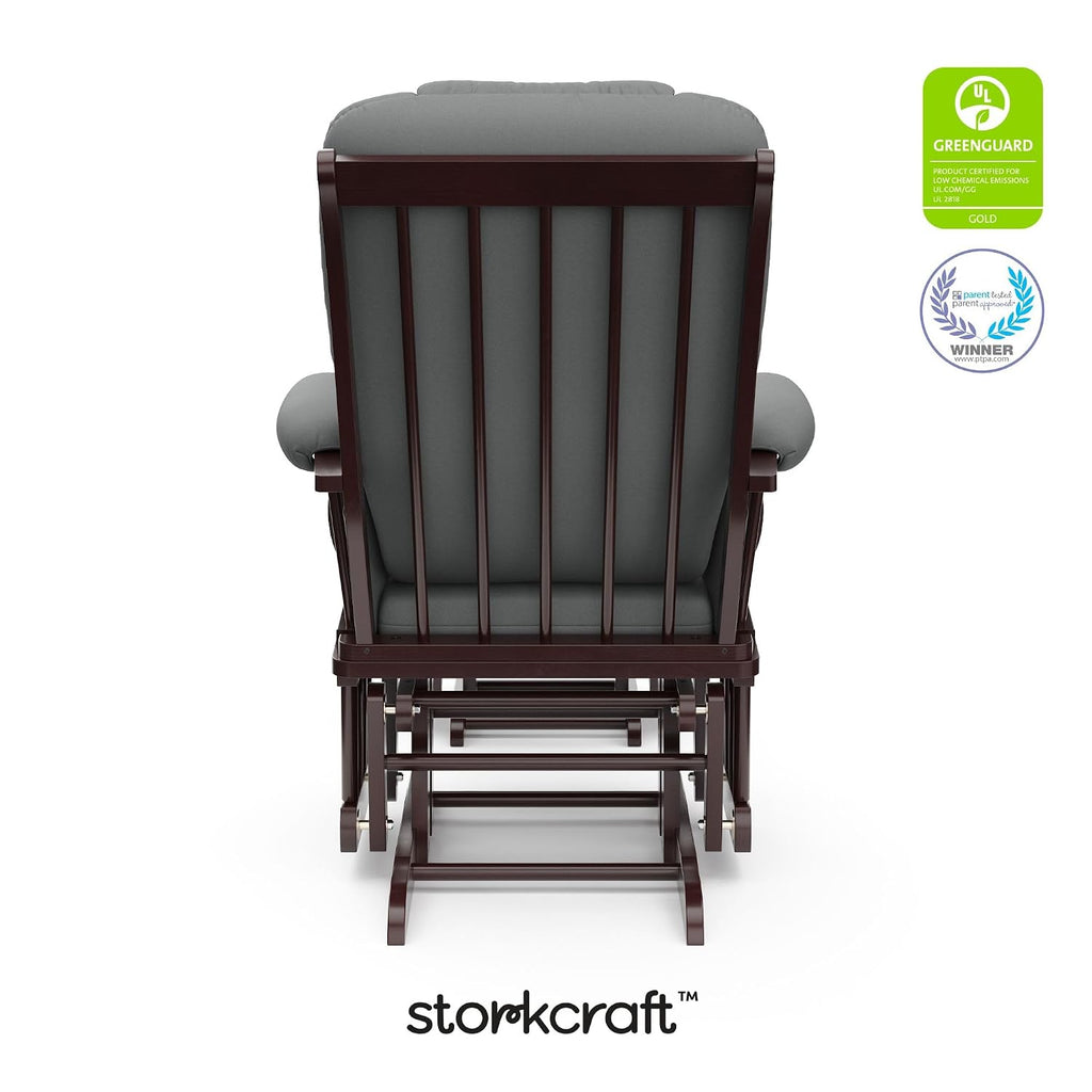 Storkcraft Tuscany Custom Glider and Ottoman with Free Lumbar Pillow (Espresso/Grey) - Cleanable Upholstered Comfort Rocking Nursery Chair with Ottoman