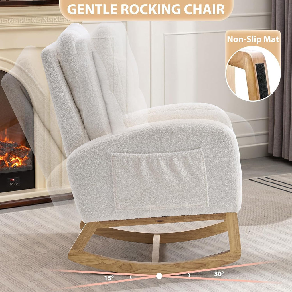 cinkehome Nursery Rocking Chair with Retractable Foot Rest, Teddy Glider Rocking Chair, Mid Century Rocker Chair, High Back, Solid Wood Legs