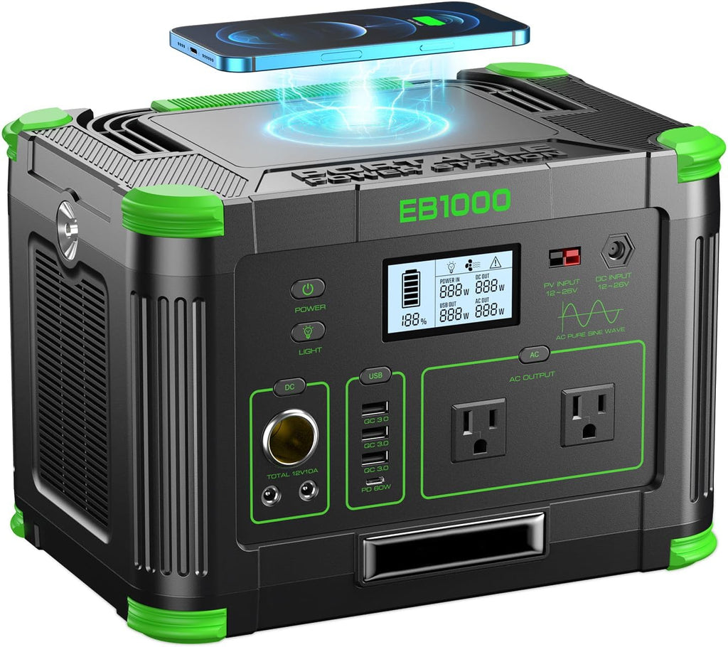 999Wh Solar Generator 1000W (Peak 2000W), Portable Power Station with Pure Sine Wave AC Outlet, 60W USB-C PD Fast Charging, 10-Port Hub for RV Camping, Home Backup, Emergency & Off-Grid Living