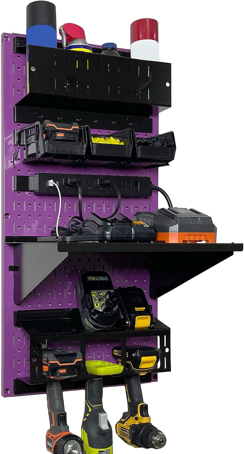 Wall Control Power Tool Storage Organizer Kit Cordless Drill Holder Charging Station Rack 16' x 32' Metal Pegboard Organization System (Purple Pegboard)