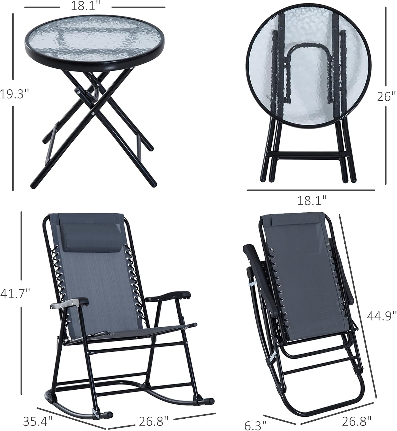 Outsunny 3 Piece Outdoor Rocking Bistro Set, Patio Folding Chair Table Set with Glass Coffee Table for Yard, Patio, Deck, Backyard, Grey
