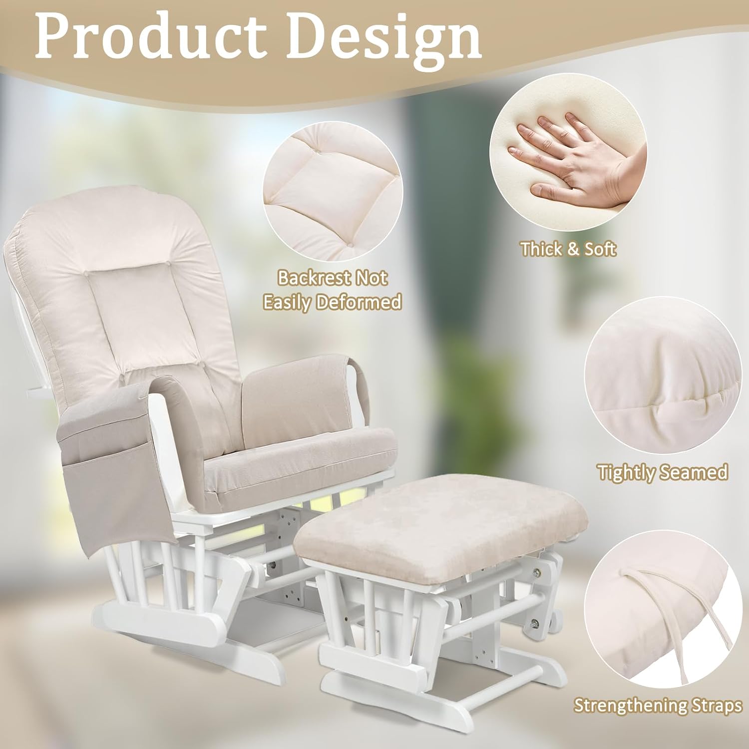 BECHAEO 5PCS Velvet Glider Rocker Replacement Cushions with Ottoman Cover Soft Thicken Rocking Chair Cushion Set for Indoor Nursery Glider Rocking Chair, Beige