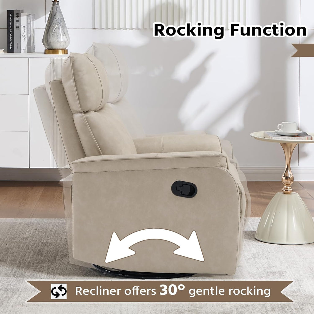 HAOMARKETS Swivel Rocker Recliner Chair, Manual Faux Leather Glider Rocking Recliners for Adults, 360° Swivel Nursery Reclining Sofa with Padded Backrest for Living Room, Beige