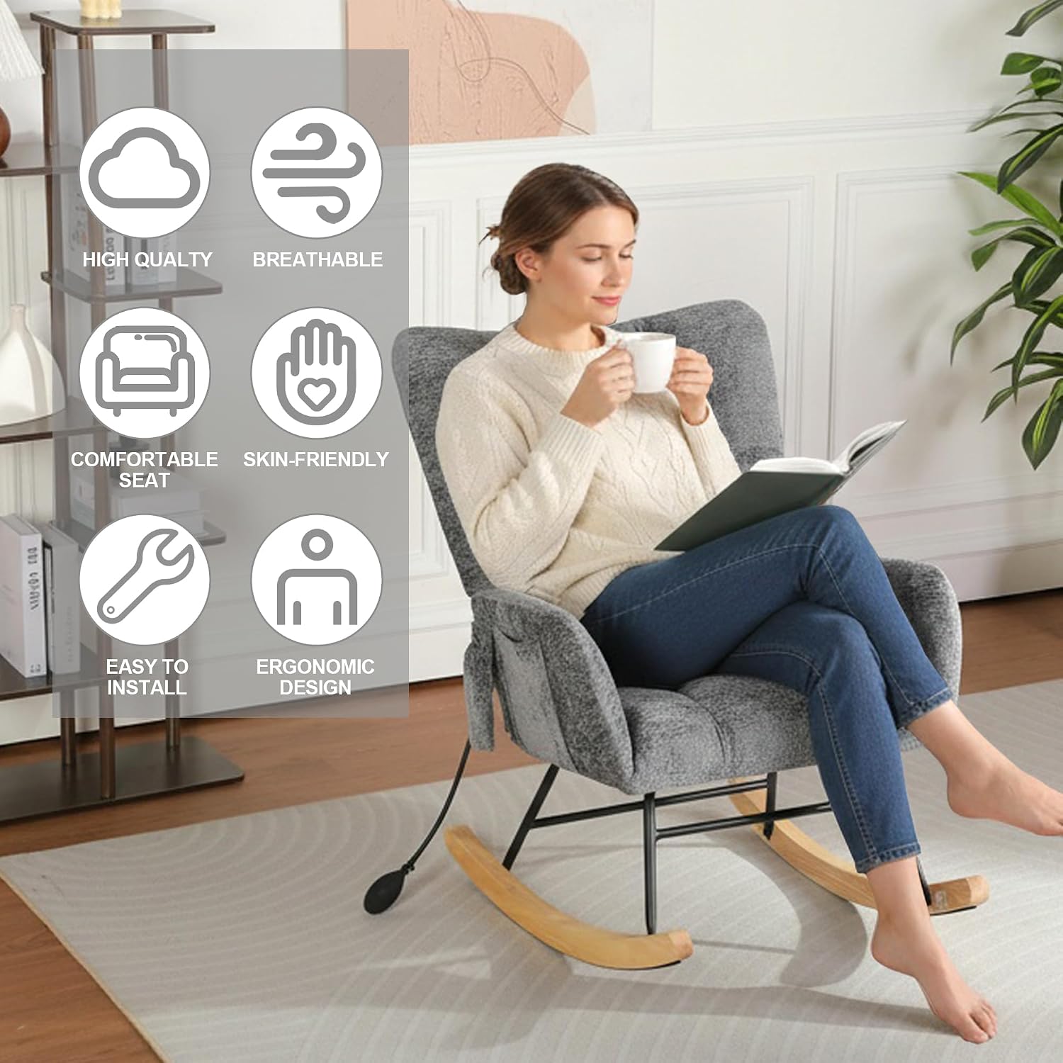 Rocking Chair Nursery with Airbag, Comfy Nursery Rocking Reading Chair Indoor, Cozy Upholstered Glider Rocker Chairs for Living Room Bedroom Offices, Sillas Mecedoras(Chenille, Dark Grey)