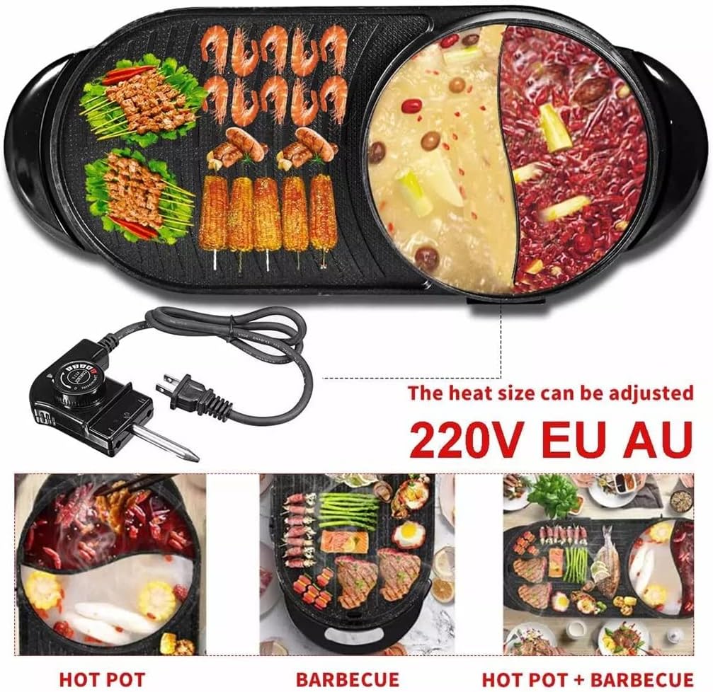 2 in 1 2000W Electric Grill Hot Pot Barbecue Multifunction Buffet Hot Pot BBQ Griddle for Gatherings Party (Black 22.8 * 12 inches) (Black 22.8 * 12 inches)