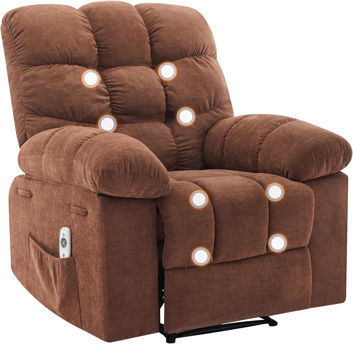 Recliner Rocking Chair with Massage & Heat, Wide Overstuffed Fabric Recliner with Breathable Upholstery, Ergonomic Design, 2 Side Pockets & Remote Control for Living Room or Bedroom (Brown)