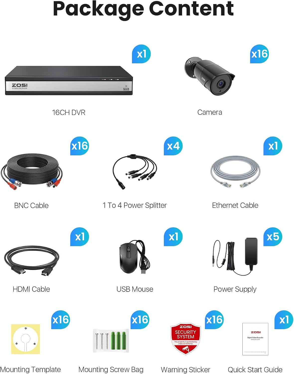 ZOSI 16CH 3K Lite Wired Security Camera System with Audio, AI Human/Vehicle Detection, 120FT Night Vision, 16 x 1080P Metal Indoor Outdoor Cameras, 16 Channel CCTV DVR with 2TB HDD for 24/7 Recording