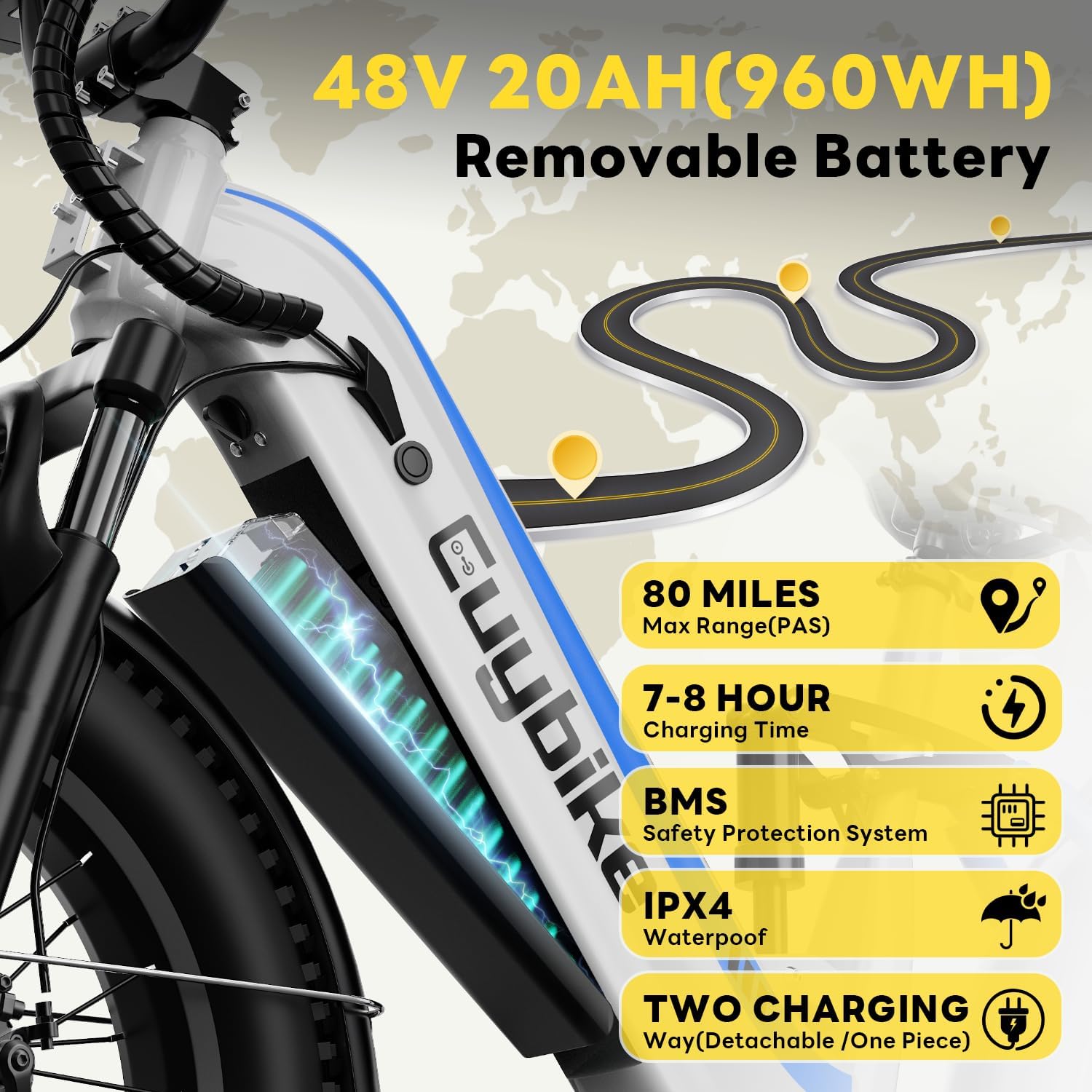 Electric Bike for Adults 1400W Peak, 48V 20AH(960WH) Removable Battery, 20'x4' Fat Tire 80 Miles Range Step-Thru 30+MPH Hunting Ebike, 7-Speed Dual Brakes Electric Bicycle White with Rear Basket
