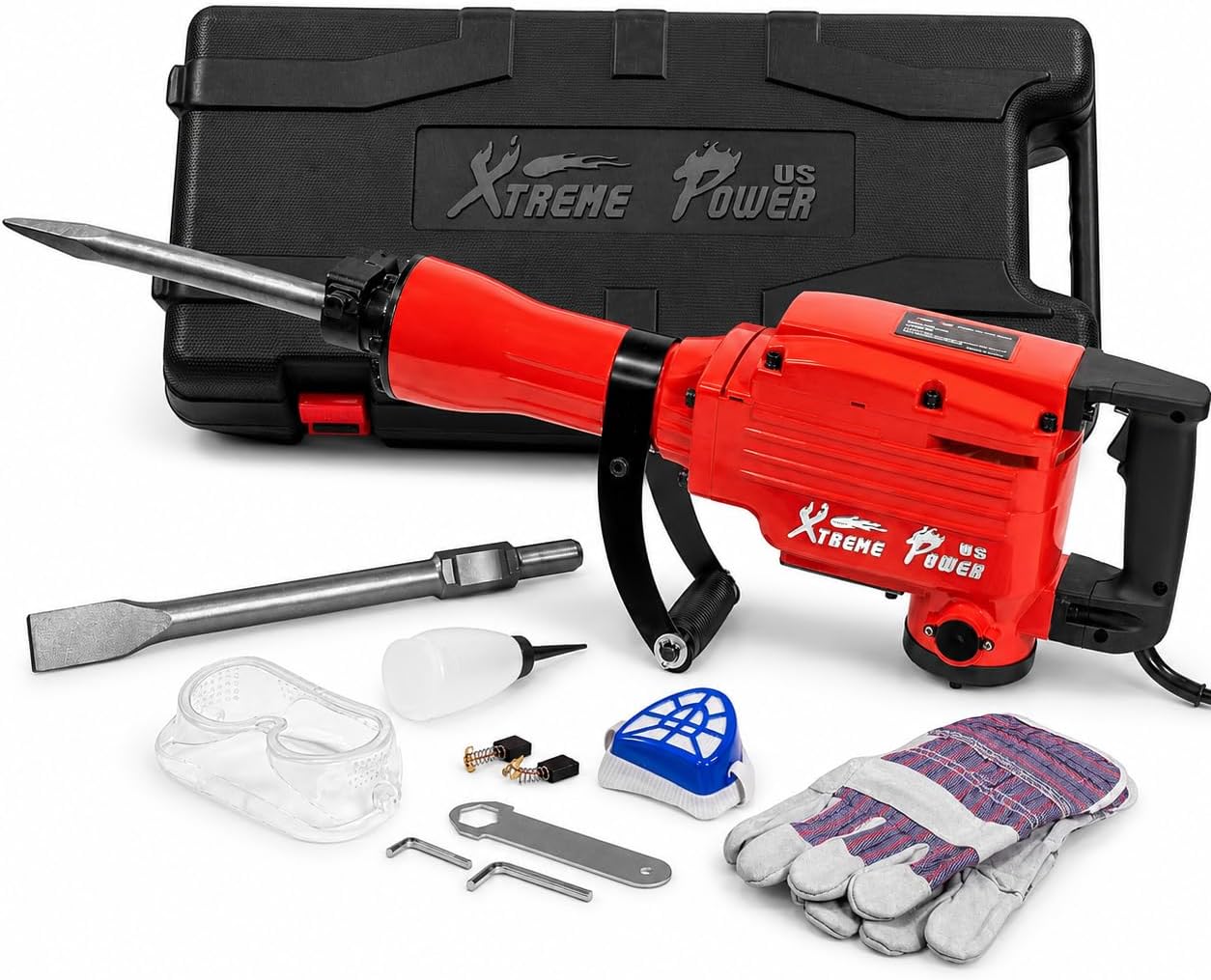 XtremepowerUS 2200W Demolition Jack Hammer Flat Chisel Bull Point Chisel Bits Demo Chipping Hammer Concrete Pavement Breaker DIY Construction Concrete Floor Breaker Punch Drill